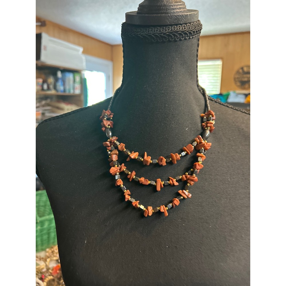 Vintage Multi Strand Beaded Necklace – Brown‎ Chip Beads with Metallic Accents